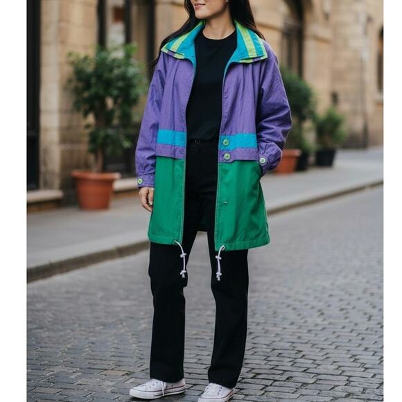 Vintage 80s 90s JGallery Colorblock Windbreaker Parka Trench Purple Green Blue L - Picture 2 of 12